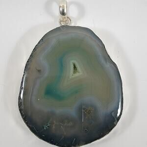 Artisan Silver Pendant with Green Agate Slice – Raw, Earthy & One of a Kind